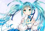  aqua_eyes aqua_hair bad_id bad_pixiv_id blush breasts choker cleavage detached_sleeves facial_mark gambe gem gloves hatsune_miku long_hair long_sleeves parted_lips puffy_long_sleeves puffy_sleeves small_breasts solo sparkle tears twintails vocaloid water_drop white_background white_gloves 