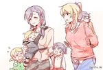  =_= ^_^ ayase_eli baby babywearing bad_id bad_twitter_id blonde_hair blue_eyes blush carrying child closed_eyes collared_shirt cowboy_shot crying hair_over_shoulder if_they_mated ips_cells long_hair love_live! love_live!_school_idol_project mother_and_daughter multiple_girls open_mouth over_shoulder piggyback pito_(sh02327) ponytail purple_hair shirt shoe_soles simple_background skirt sleeping smile suspenders toujou_nozomi triangle_mouth twintails white_background yuri 