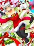  animal_ears armpits arms_up bell black_fur black_legwear blush boots bow candy cat cat_ears collarbone detached_sleeves dress earmuffs earmuffs_removed food fur_trim gift green_eyes hair_between_eyes hair_ribbon hairband highres knee_boots konpaku_youmu long_sleeves looking_at_viewer lying nekominase nose_blush on_back pantyhose pink_ribbon red_bow red_dress red_footwear ribbon santa_costume short_hair silver_hair solo sweatdrop sweets touhou white_fur wrapped_up wreath 