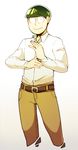  :&gt; adjusting_clothes black_hair commentary cowboy_shot dress_shirt gradient gradient_background highres khakis male_focus matsuno_choromatsu nyaph osomatsu-kun osomatsu-san shirt simple_background solo white_background 