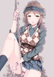  argyle argyle_sweater_vest blush brown_eyes brown_hair fingerless_gloves gloves golf_club idolmaster idolmaster_cinderella_girls johnny_funamushi mifune_miyu panties pantyshot ponytail solo sweater_vest underwear visor_cap 