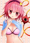  :o absurdres blue_shirt blush bra breasts cleavage hairband heart heart_background highres komeiji_satori lingerie medium_breasts midriff navel open_mouth pink_bra pink_eyes pink_hair ribbon-trimmed_collar ribbon_trim shirt shirt_lift short_hair short_sleeves simple_background solo string striped striped_background suigetsu_(watermoon-910) third_eye touhou underwear upper_body vertical-striped_background vertical_stripes 