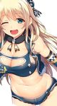  ;d adapted_costume atago_(kantai_collection) bangs blonde_hair blush breasts checkered cleavage cleavage_cutout cowboy_shot crop_top cropped_jacket diamond_(shape) eyebrows eyebrows_visible_through_hair fur_trim hair_ornament horosuke_(toot08) kantai_collection lace_trim large_breasts long_hair midriff navel one_eye_closed open_mouth race_queen short_shorts shorts simple_background smile solo white_background 