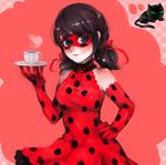  adapted_costume bare_shoulders black_cat black_hair blue_eyes cat choker cup domino_mask dress earrings elbow_gloves gloves hair_ribbon hand_on_hip jewelry kowalu ladybug_(character) long_hair low_twintails marinette_dupain-cheng mask miraculous_ladybug polka_dot red_dress red_gloves ribbon saucer teacup twintails 