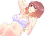  adjusting_clothes bra breasts brown_hair cleavage frilled_bra frills gradient_hair hairband hand_on_own_chest hijiri_byakuren knees_together knees_up lingerie long_hair lying mayoln medium_breasts mouth_hold multicolored_hair navel on_back smile solo strap_lift touhou underwear underwear_only white_background yellow_eyes 