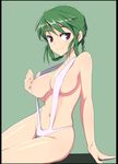  arm_support border braid breasts caryo green_background hair_rings large_breasts looking_at_viewer mina_likering nanashino nipples purple_eyes shadow sitting skindentation smile solo strap_gap super_robot_wars super_robot_wars_f swimsuit swimsuit_aside twin_braids white_swimsuit 
