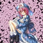  blush breasts cleavage commentary_request hat japanese_clothes large_breasts open_clothes open_mouth pink_hair red_eyes ribbon saigyouji_yuyuko short_hair solo touhou triangular_headpiece yuuji_(itadon) 