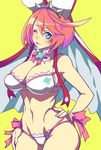  ;p blue_eyes bra breasts clover elphelt_valentine four-leaf_clover guilty_gear guilty_gear_xrd kin_mokusei large_breasts one_eye_closed panties pink_hair short_hair simple_background solo tongue tongue_out underwear veil white_bra white_panties yellow_background 