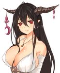  bandages bare_shoulders black_hair breasts cleavage collarbone danua draph granblue_fantasy highres horn_ornament horns jewelry large_breasts long_hair necklace pendant pointy_ears red_eyes smile solo upper_body x&amp;x&amp;x 