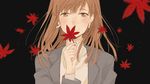 autumn_leaves black_background blazer blush brown_eyes brown_hair commentary earrings falling_leaves highres hinao_(flowerrabbit2348) holding holding_leaf jacket jewelry leaf long_hair looking_at_viewer open_clothes open_jacket original simple_background smile solo sweater turtleneck upper_body 