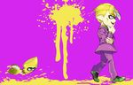  blonde_hair blue_eyes domino_mask fangs formal from_side hagikou_(l6lul6l) hand_on_own_chin inkling jojo_no_kimyou_na_bouken kira_yoshikage male_focus mask monster_boy paint_splatter pointy_ears splatoon_(series) splatoon_1 squid suit walking 