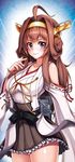  3: ahoge bad_id bad_pixiv_id brown_hair collarbone detached_sleeves double_bun fuyu_no_usagi grey_eyes hairband highres kantai_collection kongou_(kantai_collection) long_hair looking_at_viewer machinery nontraditional_miko pleated_skirt skirt solo 