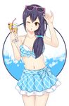  bikini blue_bikini blue_hair brown_eyes eyewear_on_head fairy_tail long_hair looking_at_viewer navel one_eye_closed solo sunglasses swimsuit tied_hair wendy_marvell xsorax812 