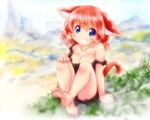  animal_ears bare_shoulders barefoot blue_eyes blush breasts cat_ears cat_tail cleavage dress feet grin medium_breasts original red_hair rokuroubuna short_hair smile soles solo strap_slip tail toes 