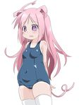  ahoge animal_ears arms_behind_back bad_id bad_pixiv_id fang highres long_hair one-piece_swimsuit open_mouth original pig_ears pink_eyes pink_hair saezuru_usagi school_swimsuit solo swimsuit tail thighhighs white_background white_legwear 