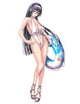  breasts contrapposto covered_nipples front-tie_top glasses hand_on_hip highres hime_cut innertube large_breasts long_hair navel nenchi original pale_skin silver_hair simple_background slingshot_swimsuit solo standing swimsuit very_long_hair 