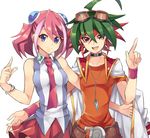  1girl :d belt blue_eyes bracelet green_hair hiiragi_yuzu jacket_on_shoulders jewelry multicolored_hair necktie open_mouth pendant pink_hair red_eyes red_hair rento_(rukeai) sakaki_yuuya school_uniform short_twintails simple_background smile twintails two-tone_hair white_background yuu-gi-ou yuu-gi-ou_arc-v 