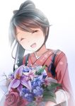  ^_^ ^o^ anchor_symbol black_hair blush bouquet closed_eyes flower gradient gradient_background happy head_tilt highres houshou_(kantai_collection) japanese_clothes kantai_collection kimono long_hair open_mouth ponytail red_flower red_rose rose simple_background sleeves_past_elbows solo upper_body wide_sleeves yasume_yukito 