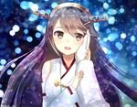  1girl :d admiral_(kantai_collection) artist_name bare_shoulders black_hair blurry blurry_background blush brown_eyes commentary_request detached_sleeves eko gloves hair_between_eyes hair_ornament hairclip hand_on_another's_cheek hand_on_another's_face haruna_(kantai_collection) head_tilt headgear kantai_collection long_hair long_sleeves open_mouth out_of_frame pov pov_hands ribbon-trimmed_sleeves ribbon_trim smile solo_focus upper_body white_gloves 