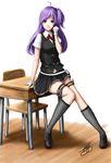  ahoge belt belt_pouch chair desk floor full_body gloves hagikaze_(kantai_collection) highres kantai_collection kneehighs kyokopro long_hair looking_at_viewer neck_ribbon on_desk one_side_up pleated_skirt pouch purple_eyes purple_hair red_ribbon ribbon shoes short_sleeves signature sitting sitting_on_desk skirt solo uniform uniform_vest vest white_background 