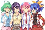  :d ahoge belt blue_hair bow bracelet_girls choker closed_eyes earrings fingerless_gloves gloves green_eyes green_hair hair_bow hiiragi_yuzu jacket jewelry kurosaki_ruri multicolored_hair multiple_girls necktie open_mouth pink_eyes pink_hair ponytail purple_hair rento_(rukeai) rin_(yuu-gi-ou_arc-v) serena_(yuu-gi-ou_arc-v) short_twintails simple_background sleeveless smile twintails two-tone_hair white_background yellow_eyes yuu-gi-ou yuu-gi-ou_arc-v zipper 