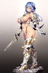  armor armored_boots bangs bare_shoulders bikini_armor blue_eyes blue_hair boots breasts from_side full_body gauntlets gorget gradient gradient_background greaves hair_intakes high_heels highleg holding holding_sword holding_weapon horns houtengeki large_breasts light_smile long_hair looking_at_viewer low_ponytail midriff navel original pointy_ears purple_eyes sideboob solo spikes standing strapless sword tail thigh_boots thighhighs weapon 