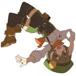  :d agate_(story_of_seasons) arm_up belt belt_buckle beret black_legwear boots brown_eyes brown_footwear brown_hair buckle collared_shirt double-breasted green_hat harvest_moon harvest_moon:_connect_to_a_new_land hat hobohochi kerchief knee_boots looking_at_viewer open_mouth outstretched_arm salute shirt short_hair simple_background smile solo suspenders thighhighs upside-down white_background white_shirt wing_collar 