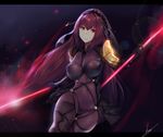  bodysuit breasts covered_navel fate/grand_order fate_(series) glowing hair_ornament hews_hack large_breasts letterboxed long_hair looking_at_viewer pauldrons polearm purple_bodysuit purple_hair red_eyes scathach_(fate)_(all) scathach_(fate/grand_order) solo spear very_long_hair weapon 