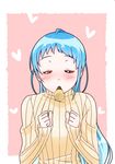  alternate_costume blue_hair blush clenched_hand closed_eyes food heart kantai_collection long_hair mouth_hold pocky pocky_day samidare_(kantai_collection) solo sweater yokoshima_(euphoria) 
