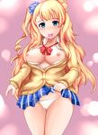  asymmetrical_hair blonde_hair blue_eyes blush breasts breasts_outside cameltoe cardigan condom condom_in_mouth earrings galko highres jewelry large_breasts long_hair looking_at_viewer mouth_hold nipples one_side_up open_cardigan open_clothes open_shirt oshiete!_galko-chan panties school_uniform scrunchie shirt side_bun skirt skirt_lift smile solo underwear yoshimo 