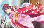  ahoge alternate_costume arrow bad_id bad_pixiv_id bare_tree black_legwear blue_sky camellia cloud day dutch_angle ema fence floral_print flower furisode hair_flower hair_ornament hamaya japanese_clothes kantai_collection kimono long_hair looking_at_viewer obi pantyhose purple_hair red_eyes sash sky smile snow solo taigei_(kantai_collection) takehana_note tree wide_sleeves winter 