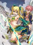  1girl bikini_top blonde_hair breasts brown_eyes detached_sleeves fairy_tail green_ribbon green_skirt hair_ribbon large_breasts lucy_heartfilia natsu_dragneel open_mouth pink_hair ribbon scarf sideboob skirt spiked_hair underboob 