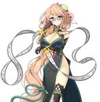  bare_shoulders black_legwear breasts chinese_clothes cleavage elbow_gloves eyebrows_visible_through_hair glasses gloves hair_ornament hikage_eiji koihime_musou large_breasts long_hair looking_at_viewer revealing_clothes simple_background smile solo very_long_hair 
