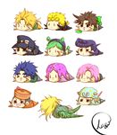  6+boys :3 blonde_hair braid brown_hair chain chibi closed_eyes diavolo diego_brando dio_brando dixie_cup_hat double_bun giorno_giovanna green_hair hagino_maru hat higashikata_jousuke higashikata_jousuke_(jojolion) horseshoe johnny_joestar jojo_no_kimyou_na_bouken jojolion jonathan_joestar joseph_joestar_(young) kuujou_jolyne kuujou_joutarou lying military_hat multicolored_hair multiple_boys multiple_girls on_stomach open_mouth pink_hair pompadour purple_hair scary_monsters_(stand) signature steel_ball_run tail tail_wagging trish_una two-tone_hair 