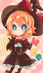  aioi_aoi blonde_hair blush_stickers bow braid bright_pupils chibi cookie_(touhou) double_v eyebrows eyebrows_visible_through_hair green_eyes hair_between_eyes hat hat_bow kirisame_marisa side_braid solo thick_eyebrows touhou v white_pupils witch_hat 
