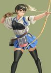  aiming archery arrow bangs belt_pouch black_hair black_legwear blue_hakama bow_(weapon) breasts brown_eyes drawing_bow eyelashes feet_out_of_frame flight_deck floating_hair gloves grey_background hakama hakama_skirt holding holding_arrow holding_bow_(weapon) holding_weapon japanese_clothes kaga_(kantai_collection) kantai_collection kyuudou legs_apart looking_to_the_side medium_breasts muneate outstretched_arm parted_lips partly_fingerless_gloves pouch side_ponytail simple_background single_glove skirt solo standing tasuki thighhighs weapon yamaneko_(tkdrumsco) yugake zettai_ryouiki 