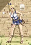  blonde_hair blue_ribbon blue_skirt brown_eyes fairy_tail hair_ribbon highres looking_at_viewer lucy_heartfilia pleated_skirt ribbon skirt solo tattoo xsorax812 