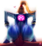  1girl ass backboob blonde_hair bodysuit bracelet breasts buttjob clothed_female_nude_male cowgirl_position from_behind girl_on_top heart hetero highres huge_ass jesus_avalos jewelry large_breasts long_hair metroid motion_blur neon_trim nude penis ponytail samus_aran skin_tight solo_focus straddling super_smash_bros. through_clothes uncensored zero_suit 