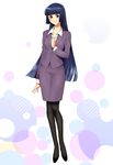  bad_id bad_pixiv_id bangs black_hair black_legwear blunt_bangs blush formal full_body highres long_hair office_lady original pantyhose pencil_skirt purple_eyes skirt skirt_suit smile solo suit very_long_hair wadani_hitonori 