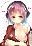  animal_ears areolae breasts breasts_outside clothes_down feathered_wings floral_print head_scarf heart heart-shaped_pupils japanese_clothes light_smile looking_at_viewer medium_breasts mikagemaru_(mikage000) mystia_lorelei nipples okamisty pink_hair short_hair solo symbol-shaped_pupils tasuki touhou wings 