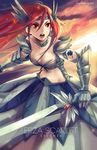  armor breasts character_name cleavage erza_scarlet fairy_tail gauntlets holding holding_sword holding_weapon long_hair medium_breasts open_mouth red_eyes red_hair solo sword tattoo weapon 