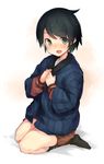  :d absurdres black_hair black_legwear blush brown_skirt coat feet green_eyes hands_on_own_chest hands_together hanten_(clothes) head_tilt highres kantai_collection kneehighs long_sleeves looking_at_viewer metindone mogami_(kantai_collection) nose_blush open_mouth seiza short_hair shorts simple_background sitting skirt smile socks solo striped sweater uniform white_background 