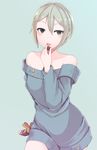  bare_shoulders black_eyes blonde_hair chocolate idolmaster idolmaster_cinderella_girls johnny_funamushi looking_at_viewer off-shoulder_sweater shiomi_shuuko short_hair solo sweater 