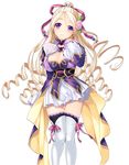  blonde_hair breasts chinese_clothes cleavage earrings hair_ornament hikage_eiji jewelry koihime_musou large_breasts long_hair long_sleeves looking_at_viewer pleated_skirt ponytail purple_eyes simple_background skirt smile solo very_long_hair white_legwear 