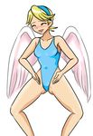  angel_wings artist_request bare_shoulders blonde_hair blush breasts breath_of_fire breath_of_fire_iv closed_eyes hairband leotard meme nina_(breath_of_fire_iv) open_mouth short_hair smile solo swimsuit white_background white_wings wings 