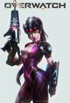  artstation_sample bodysuit breasts center_opening gun head_mounted_display heri_irawan highres image_sample lips long_hair medium_breasts overwatch pink_bodysuit ponytail purple_hair purple_skin realistic rifle sniper_rifle solo weapon widowmaker_(overwatch) yellow_eyes yellow_sclera 