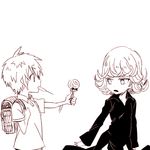  1girl age_difference backpack bag candy curly_hair doutei_(one-punch_man) food lollipop monochrome one-punch_man randoseru short_hair six_(fnrptal1010) sketch swirl_lollipop tatsumaki 