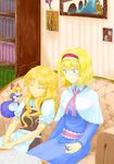  alice_margatroid alice_margatroid_(pc-98) apron ascot blonde_hair blue_eyes blue_hair blush bookshelf braid capelet commentary_request couch couple hairband highres joe_(joeesw) kirisame_marisa long_hair multiple_girls no_hat no_headwear open_mouth picture_(object) purple_eyes shanghai_doll shinki short_hair side_braid sitting sleeping touhou touhou_(pc-98) waist_apron yuri 