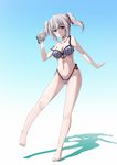  alternate_hairstyle bad_id bad_pixiv_id barefoot bikini blue_eyes camcorder charlotte_(anime) fight. highleg highleg_bikini highleg_swimsuit highres long_hair silver_hair solo strap_slip swimsuit tomori_nao twintails 