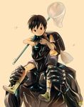  armor backpack bag black_hair bug butterfly butterfly_net carrying full_armor hand_net insect looking_at_viewer male_focus multiple_boys noeyebrow_(mauve) original randoseru shorts shoulder_carry simple_background smile treize_(mauve) 